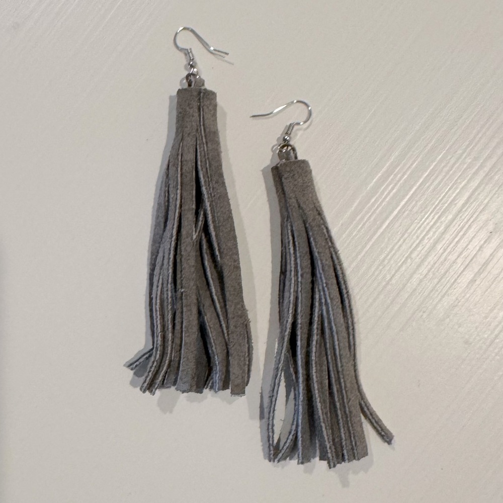 Boutique Grey Leather Tassel Earrings (local New Braunfels, TX artist)